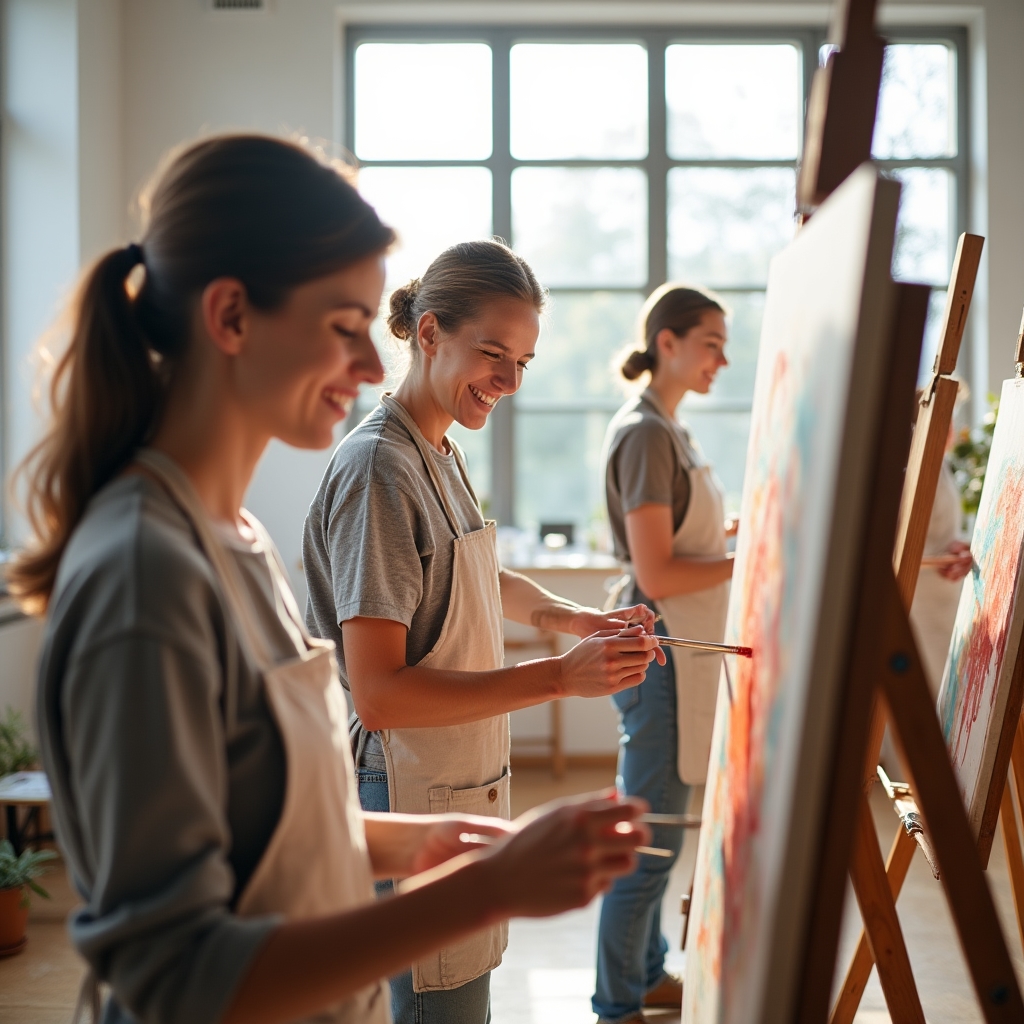 Participanți la atelier exersând tehnici de vopsire pe panouri de test